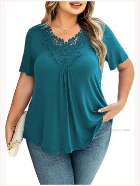 Plus Size Lace Crochet Tunic Top Short Sleeve V-Neck Blouse